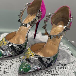 Christian Louboutin Pink & Blue Shimmer Heels – Ankle Strap, Closed Toe